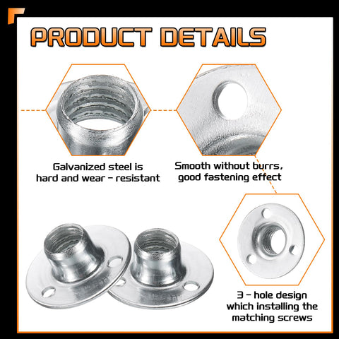 Premium M10 Tee Nuts With Included Screws And Galvanized Steel Round Base Flange Inserts For Kickass Furniture Builds That Gonna Install With No Sweat Ever close-up of galvanized steel flange nuts showing smooth surfaces and 3-hole design.
