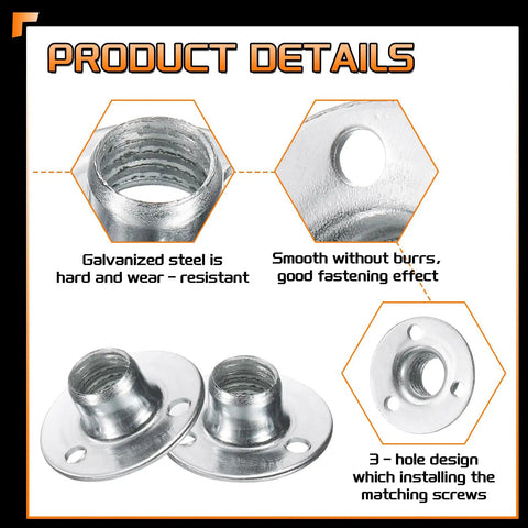 No Fuss M10 T Nuts With Screws, Eight Pack Zinc Plated Steel Tee Nuts With Round Base Flange, detailed view of galvanized steel t nuts.
