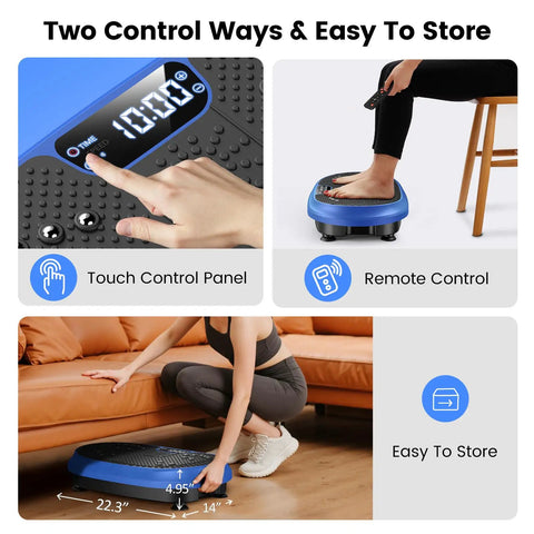 Full Body Vibration Platform with touch control, remote use, and compact storage, perfect for Bluetooth home workouts.