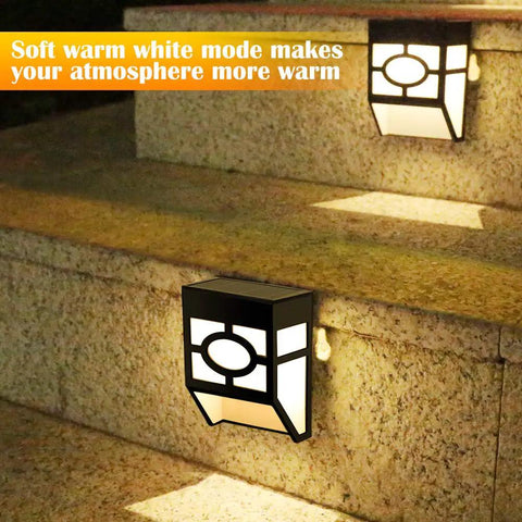 Outdoor Solar Wall Lights Set Of 8 With Dual Modes Warm White And Color Changing LEDs on stone stairs, warm white mode