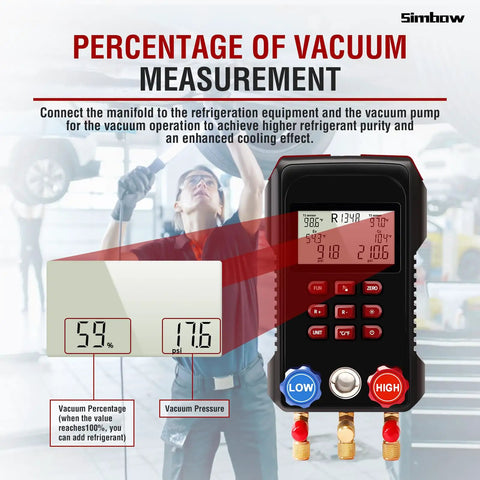 Digital Manifold Gauge Set for HVAC Pros: Dual Pressure and Temperature Readouts, Digital AC Gauge Kit with 3000 PSI Hose, Two-Color Temperature Clamp, Fast Vacuum, Leak Test, and Precise Superheat Subcooling Calculations. Vacuum percentage display