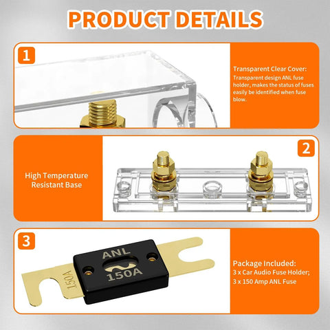 Heavy Duty 150 Amp ANL Fuse Holder Kit with 150A ANL Fuse clear view fuse block, gold-plated terminals, and transparent cover details.