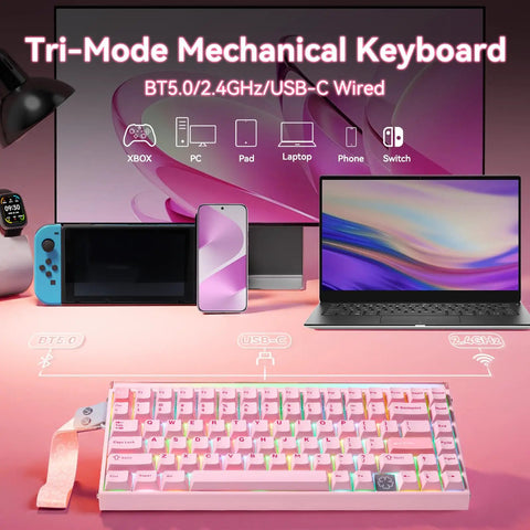 Sick Speed Wireless Gaming Keyboard With Seventy Five Percent Layout And Lightning Fast Rapid Trigger Switches Featuring Eight Thousand Hertz Polling Rate Zero Lag Response And Smooth Magnetic Axis Actions In Classic Black displayed beside various devices.