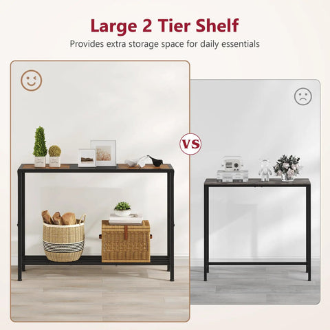 Smooth Vibes Two Tier Industrial Console Table With Open Storage Shelves For Tight Hallways Rustic Wood Surface Heavy Steel Legs Built Damn Tough No Hassle Setup Living Room Corner Unit displayed with storage items.