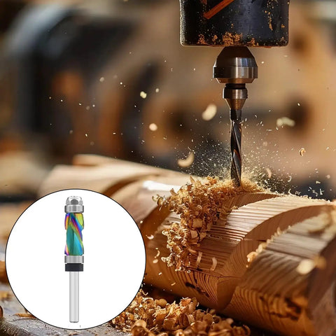 Pro Woodworking Router Bit Set With Dual Upper Lower Bearing Systems For Stable Edging Trimming Plus Vibrations Less 7 Color Coated Shanks in use on wood.