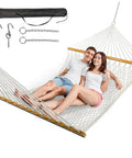 Double Handwoven Rope Hammock For Two With Spreader Bar No Stand Indoor Outdoor Use For Patio Poolside Backyard White 74.8 By 55.1 Inch Bed And 122 Inch Total Length Supports Up To 450 Lbs.