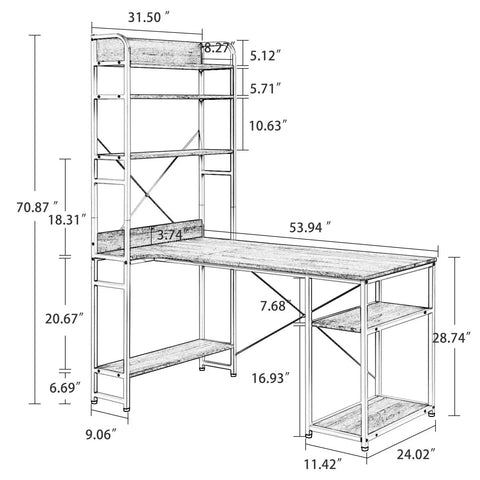 Top Tier Industrial Home Office Computer Desk With Five Tier Storage Shelves Fifty Four Inch Study Writing Table dimensions and layout design