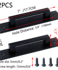 2 Pack Black Barn Style Door Pulls With Plate Punch Free 7 Inch Closet And Drawer Handles shown with dimensions and screws