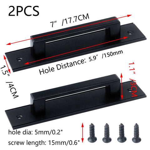 2 Pack Black Barn Style Door Pulls With Plate Punch Free 7 Inch Closet And Drawer Handles shown with dimensions and screws