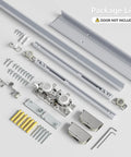 Solid As A Rock Concealed Sliding Barn Door Hardware Kit with components, including aluminum track, rails and accessories.