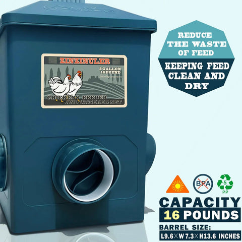 Automatic Chicken Feeder And Cup Waterer Set For Backyard Flocks No Waste Poultry Design, 16-pound capacity, 3-gallon water reservoir.