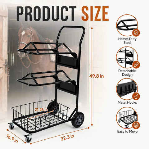 Heavy Duty Rolling Saddle Rack Cart With Spacious Basket And Locking Casters For Super Smooth Glides Sturdy Steel Frame dimensions display