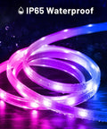 Close-up of Rainbow RGB IC LED Strip Lights 49.21ft Outdoor Smart Rope Lights with IP65 waterproof feature, glowing pink and purple.