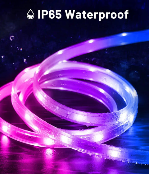 Close-up of Rainbow RGB IC LED Strip Lights 49.21ft Outdoor Smart Rope Lights with IP65 waterproof feature, glowing pink and purple.