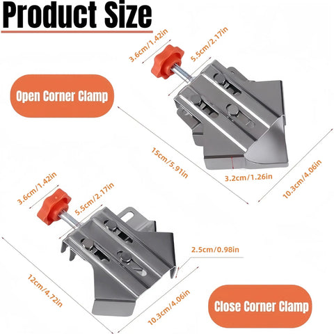 Stainless Steel 90 Degree Corner Clamp Set With Adjustable Swivel Jaws, Dope Pro Grade Right Angle Woodworking Clamp For DIY Cabinet Framing, Precise Joint Alignment, And Workshop Projects. Product size diagram for open and close corner clamp, 4-pack