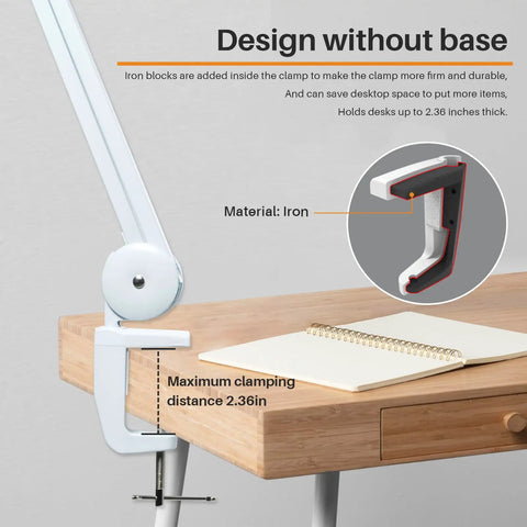 Bifocal LED Magnifying Lamp With Clamp For DIYers attached to a desk, showing iron clamp design with 2.36-inch maximum clamping distance.