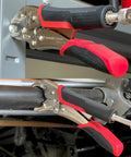 7.5 Inch Heavy Duty Locking Pliers with Screw Extractor and Curved Jaws in action on metal brackets and tubing