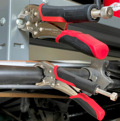 7.5 Inch Heavy Duty Locking Pliers with Screw Extractor and Curved Jaws in action on metal brackets and tubing