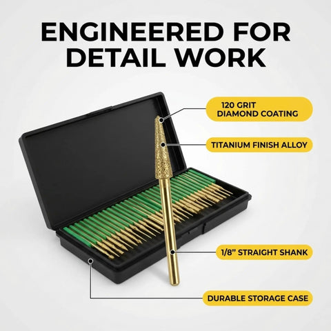 30 Piece Diamond Rotary Tool Bits Set Pro Grade For Engraving And Carving 120 Grit Burrs One Eighth Inch Shank in case