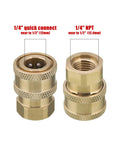 Front view of Tool Daily brass pressure washer coupler set; left 1/4" quick-connect, right 1/4" NPT female.