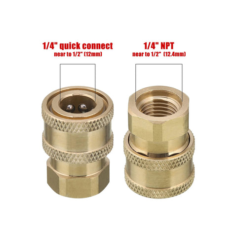 Front view of Tool Daily brass pressure washer coupler set; left 1/4" quick-connect, right 1/4" NPT female.