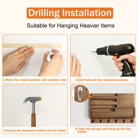 Drilling installation guide for Wall Mount Key And Mail Organizer With Six Hooks And A Storage Drawer Wooden Key Rack With Shelf For Entryway And Home Decor Easy To Install With Screws Or Adhesives No Drill Option.