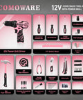 Pink 195 Piece Household Tool Kit With 12V Cordless Drill Driver Women Friendly Power Drill Set In Plastic Toolbox For Home Office Garden And DIY Projects displayed with tools and accessories.