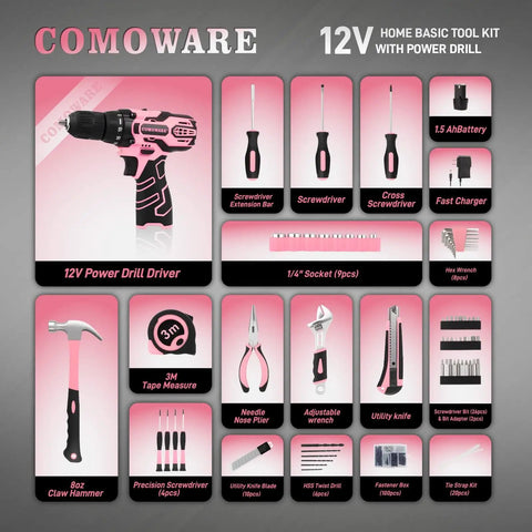 Pink 195 Piece Household Tool Kit With 12V Cordless Drill Driver Women Friendly Power Drill Set In Plastic Toolbox For Home Office Garden And DIY Projects displayed with tools and accessories.