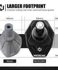 Diagram showing Beefy Kickstand Foot Extension Pad And Puck For Dirt Bikes, CNC Billet Aluminum with measurements and stock comparison