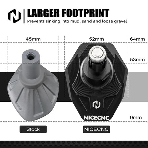Diagram showing Beefy Kickstand Foot Extension Pad And Puck For Dirt Bikes, CNC Billet Aluminum with measurements and stock comparison