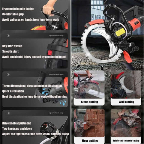Heavy Duty Wet Cut Concrete Circular Saw Featuring Brushless Motor And Titanium Blade With 290 Mm Groove Capacity And 3000 Rpm, ergonomic handle and cutting action.