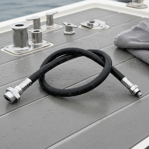 Badass Black Divers Drysuit Hose Low Pressure Inflator Tube Air Delivery Connector With Secure Threaded Brass Fittings For Stable Connection And Rock Solid Buoyancy Control Underwater 6 Inch Totally Sweet Gear For All Season Long Adventures. black 6-inch drysuit hose with brass fittings on boat deck