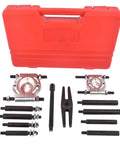 Badass Hub Axle Puller Set For Mechanics With 12 Piece Bearing Separator Kit Featuring 5 Ton Capacity And 2 In 3 In Jaws Fits Any Garage Job Strong Steel Construction Heat Treated For Durability With Black Oxide Finish To Stop Rust Wear And Tear. red case with 12-piece bearing separator kit and pull rods