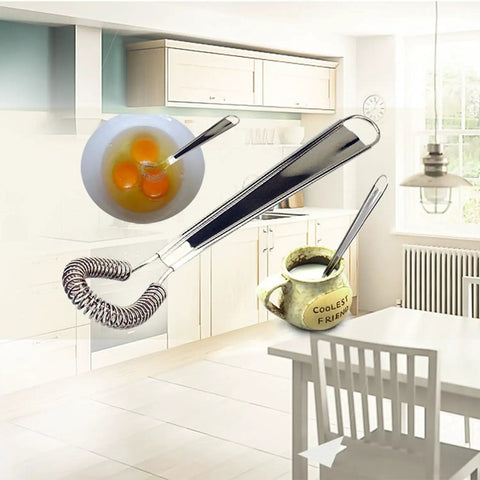 Stainless Steel Mini Egg Whisk And Handheld Milk Frother Foamer for Creamy Coffee Barista Grade Milk Frother Egg Beater in kitchen setting