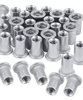 15 Flat Head Threaded Insert Nuts Aluminum Rivet Kit With Knurled Body For Easy Installation Strong Holding Power On Metal Wood Plastic Jobs arranged in a pile.