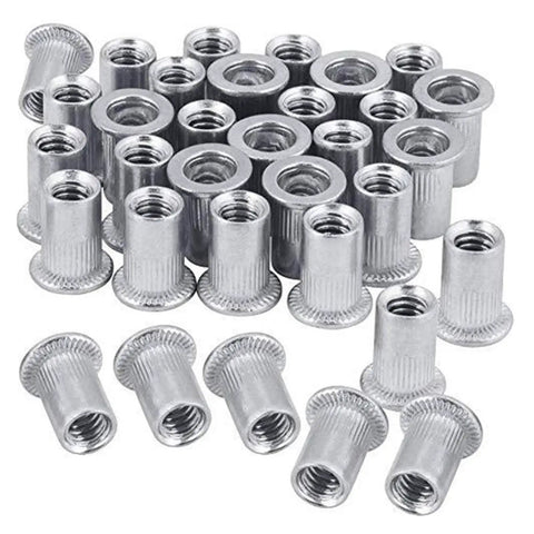 15 Flat Head Threaded Insert Nuts Aluminum Rivet Kit With Knurled Body For Easy Installation Strong Holding Power On Metal Wood Plastic Jobs arranged in a pile.