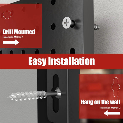 Installation of Beefy Heavy Duty Steel Pegboard Panels Set Of 8 With 50 Hooks Each 16 By 12 Inch Wall Organizer, shown drilled and hung.
