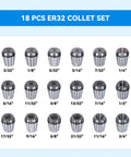 18 Piece ER32 Collet Set In Sturdy Aluminum Case For Pro Grade Precision Spring ER32 Shank Chuck displayed with size range