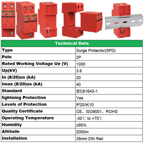 Two Pole 40KA DC Surge Protector For Solar PV And Home Lightning Protection Heavy Duty 1000V Rating 2P Arrester with DIN Rail