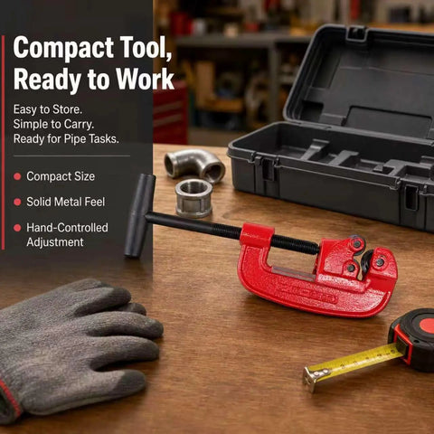 Versatile Pipe Cutter For One Eighth To Two Inch Tubing, Portable Tube Cutting Tool For Plumbing And DIY Projects, Handy, Compact, Lightweight And Easy To Use, Delivers Clean Cuts. Red pipe cutter with case on workbench.