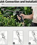 Turn Your Garden Hose Into A Beast High Pressure Cleaning Tool With This 15X Power Nozzle 360 Degree Rotating Head Three Spray Modes Universal One Half Inch Connection Tool Free Install for Car Patio Garden and Outdoor Cleaning, hand holding nozzle in garden scene.