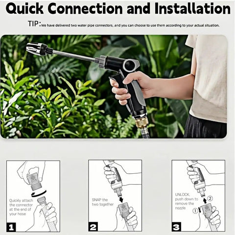 Turn Your Garden Hose Into A Beast High Pressure Cleaning Tool With This 15X Power Nozzle 360 Degree Rotating Head Three Spray Modes Universal One Half Inch Connection Tool Free Install for Car Patio Garden and Outdoor Cleaning, hand holding nozzle in garden scene.