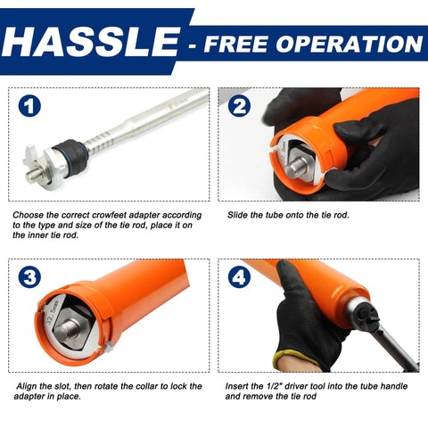 Limontek inner tie rod removal tool with orange 1/2 drive tube and 12 crowfoot adapters in a four-step guide