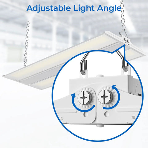 Built Different 3 Foot Led Linear High Bay Light With No Sweat Plug And Play Hookup And Adjustable 300W 250W Or 200W Power showing adjustable light angle.