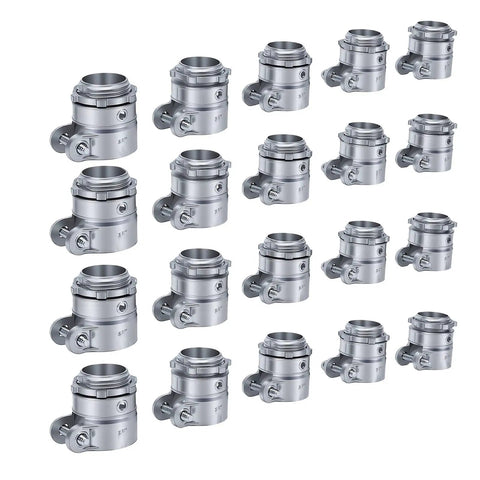 Top Shelf Twenty Pack Of 3/4 Inch Zinc Alloy Squeeze Connector Conduit Fittings displayed from multiple angles for wiring solutions.