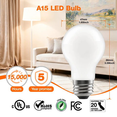 Soft White A15 LED Ceiling Fan Light Bulb Dimmable 60W Equivalent, Frosted, 800 Lumens, Medium Base, 2700K, 15,000 Hour Life, 2 Pack