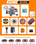 Front view of mini electric belt sander with belt and base, plus instruction manual and accessories.