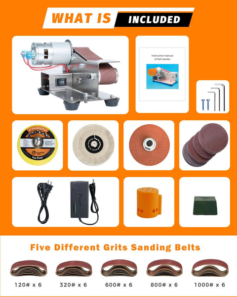 Front view of mini electric belt sander with belt and base, plus instruction manual and accessories.