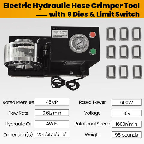 Heavy Duty 110V Electric Hydraulic Hose Crimper With Nine Premium Steel Dies For Easy Four To Twenty Eight Millimeter Fitting Work showing tool features and specifications.