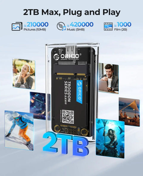 USB 3.0 mSATA SSD Enclosure With USB C To USB C And USB A Cable, transparent, supporting 2TB storage with visual data examples